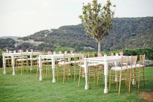 Tall White Reception Tables and Gold Chairs
