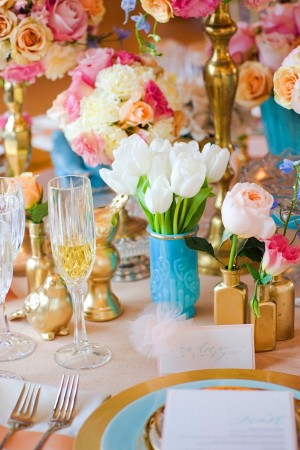 Turquoise Pink and Gold Reception Table Decor 3