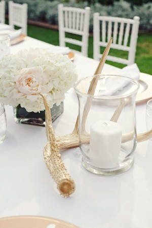 White Reception Table Decor With Gold Antlers