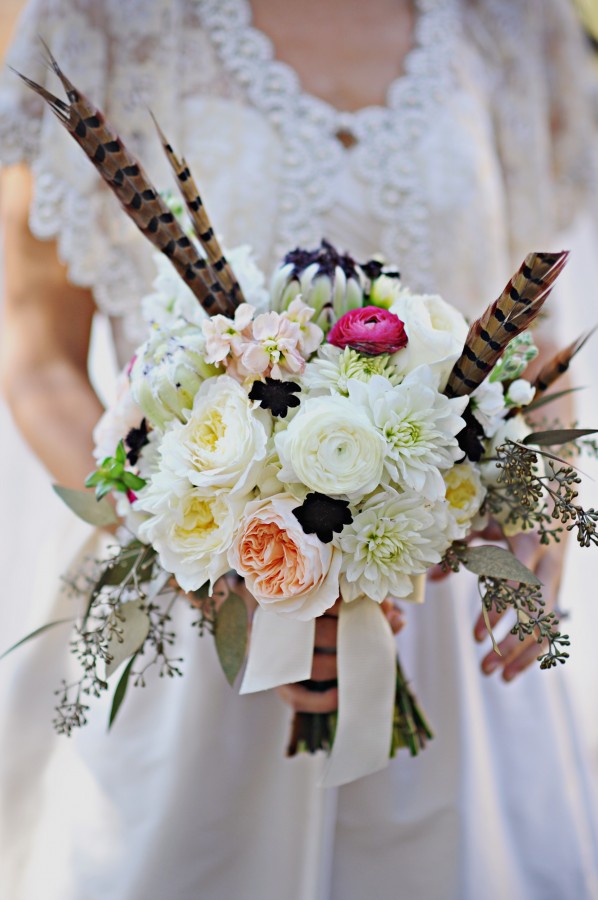 White and Pink Bridal Bouquet With Feathers