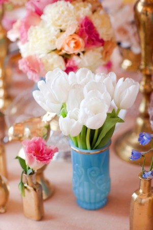 White and Pink Flowers in Turquoise and Gold Vases