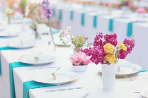 White and Turquoise Reception Table Linens