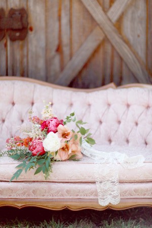 Wildflower Bouquet With Lace Wrap on Vintage Pink Sofa