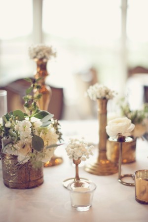 Antique Brass Vases and White Flowers Reception Decor Ideas 1