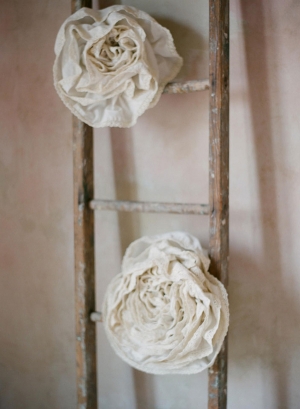 Burlap and Lace Roses on Rustic Ladder
