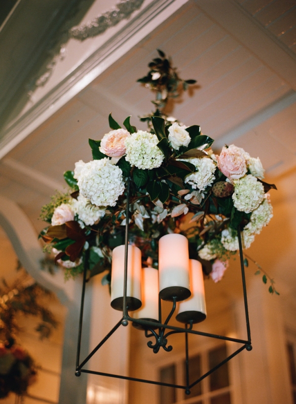 Flower and Candle Chandelier Reception Decor