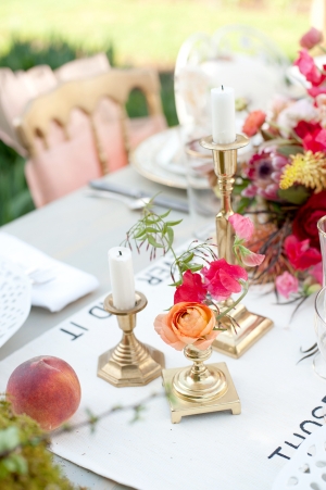 Gold Candle Holders With Pink and Peach Flowers