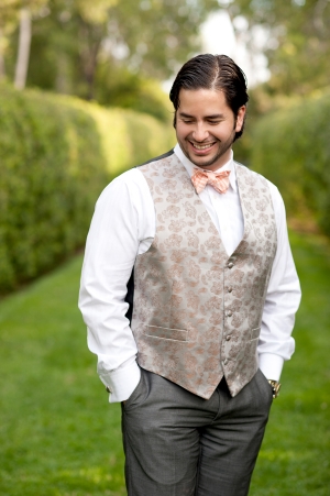 Groom in Paisley Vest and Peach Gingham Bow Tie