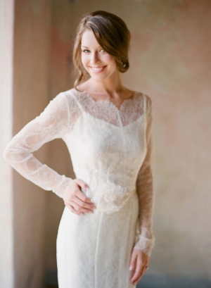 Long Sleeve Sheer Lace Top Over Spaghetti Strap Wedding Gown