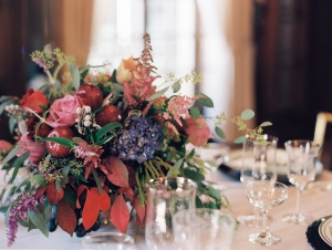 Pink Blue and Red Fall Reception Arrangement With Pomegranates