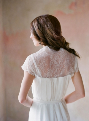 Simple Gathered Column Style Wedding Gown With Sheer Lace Back