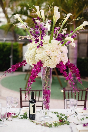 Tall Purple and White Arrangement With Hydrangeas Roses and Orchids