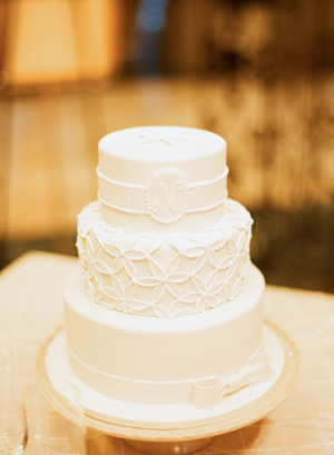 Three Tier Monogrammed White Wedding Cake