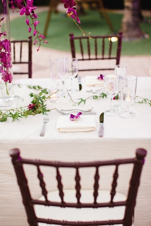 Tropical Purple and White Outdoor Reception Table Decor