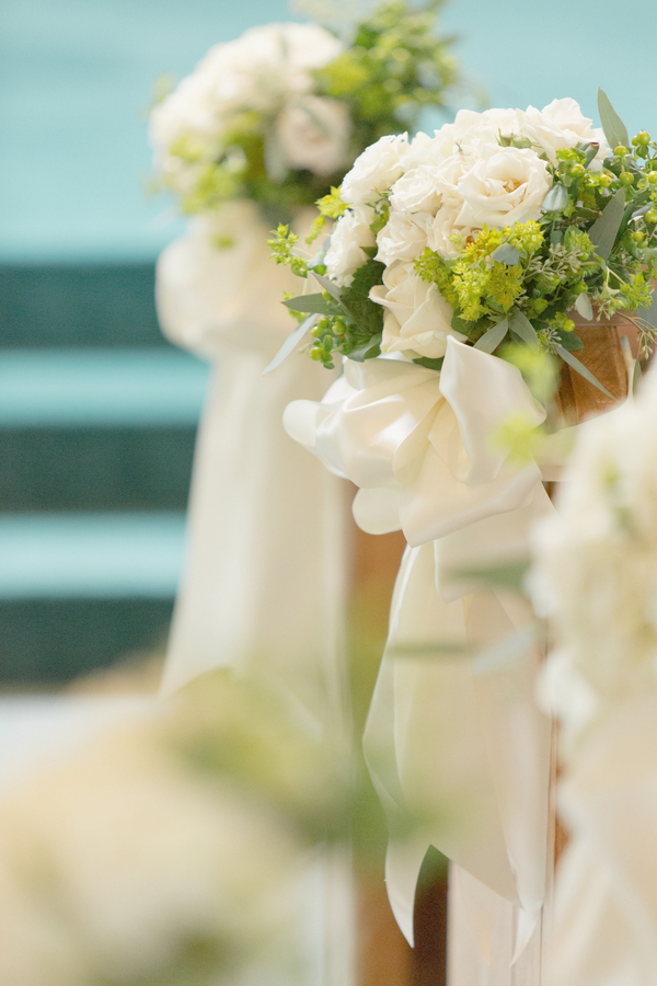 White Rose and Green Berry Floral Arrangement Aisle Decor