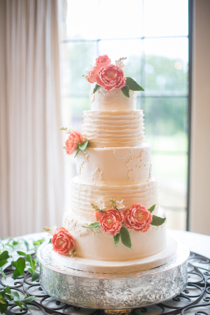 Classic Tiered Buttercream Wedding Cake With Peach Flowers