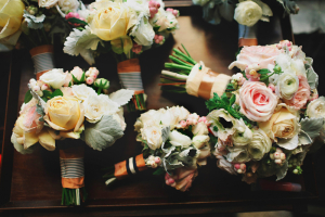 Cream Yellow and Pink Bouquets With Striped Ribbon