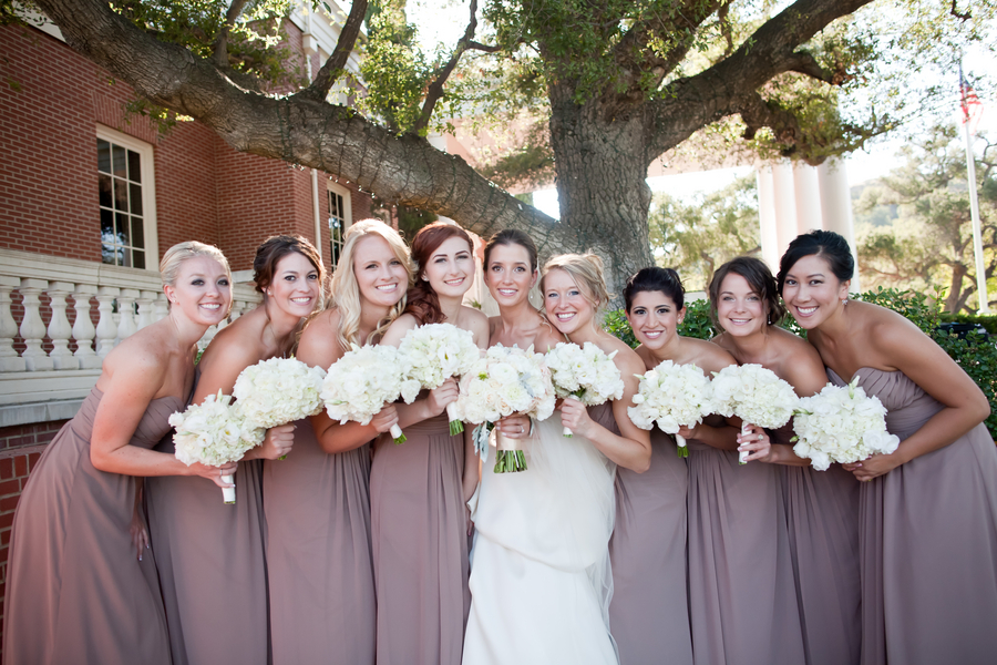 Long Strapless Taupe Bridesmaids Dresses