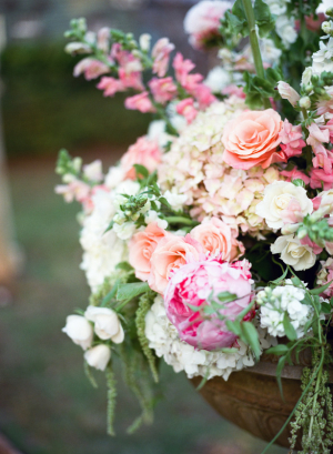 Peach Pink and Green Florals in Stone Urn