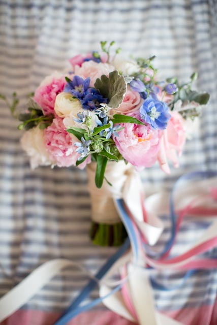 Pink Blue and Cream Bouquet With Ribbon Streamers