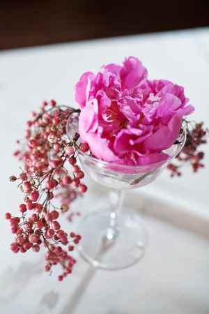 Pink Camellia With Berry Spray in Glass