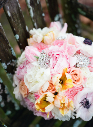 Pink Peach and Yellow Bouquet With Rhinestone Brooches