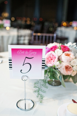 Pink Reception Table Numbers With Navy and White Stripes