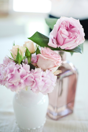 Pink Rose and Hydrangea in Small Vases
