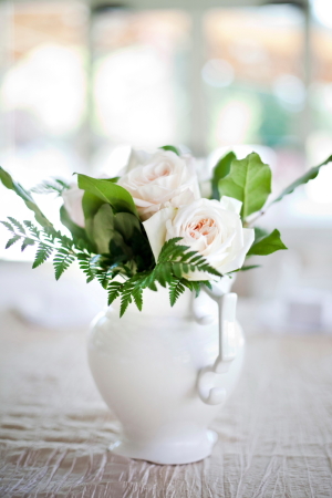 Pink Roses and Fern in White Pitcher