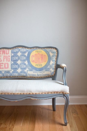 Vintage Flour Sack Upholstered Bench