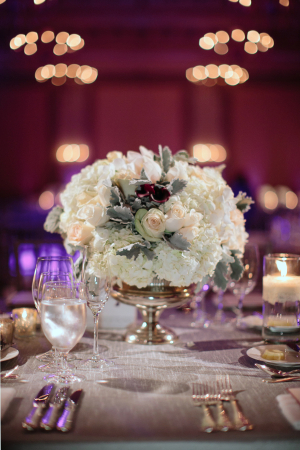 White Hydrangea and Peach Rose Reception Arrangement