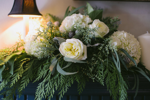 White Rose and Hydrangea Centerpiece With Fern