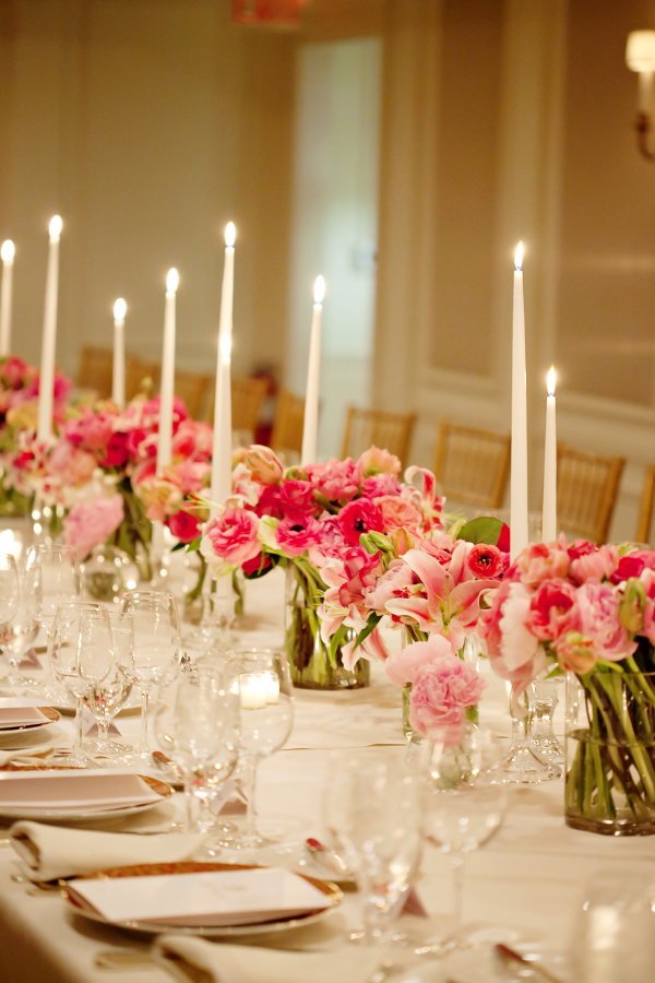 Bold Pink Flowers and Candles Reception Decor