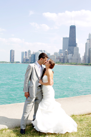 Bride and Groom Kissing on Lake Michigan