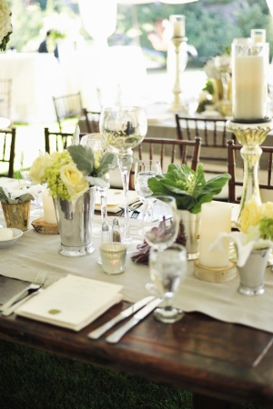 Cream Rose Succulent and Silver Reception Table Decor Ideas