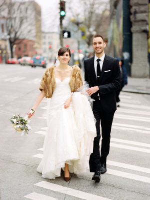 Fur Shrug Over Wedding Gown