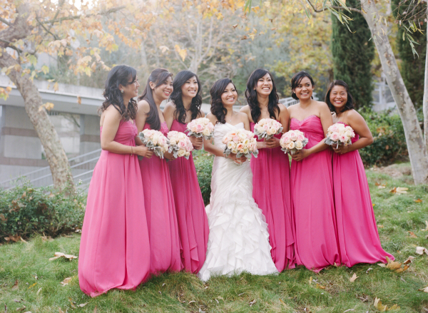 Long Strapless Hot Pink Bridesmaids Dresses