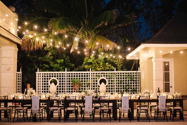 Outdoor Tropical Reception Table With Strung Lights