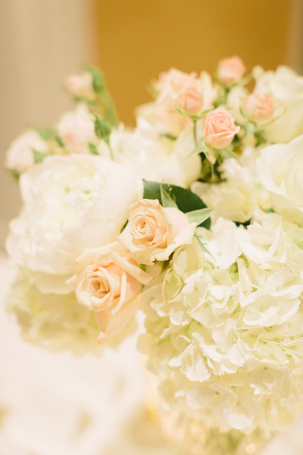 Peach and White Roses and White Hydrangea Floral Arrangement