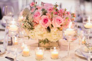 Pink Rose White Hydrangea and Dusty Miller Reception Arrangement