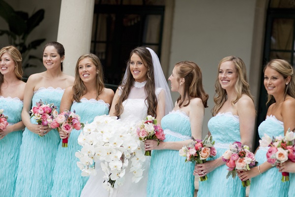 Strapless Tiffany Blue and White Bridesmaids Dresses