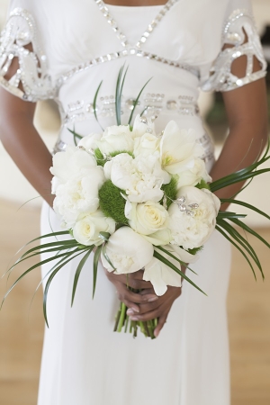 White Bouquet With Green Moss and Palm Fronds