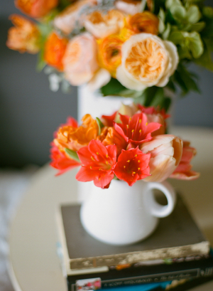 Bold Pink and Orange Flowers in White Vases