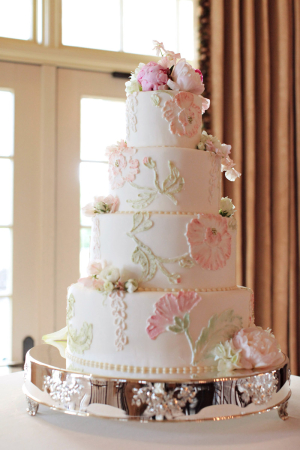 Classic Wedding Cake With Pink and Green Icing Flowers