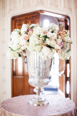Hydrangeas and Roses in Large Mercury Glass Vase