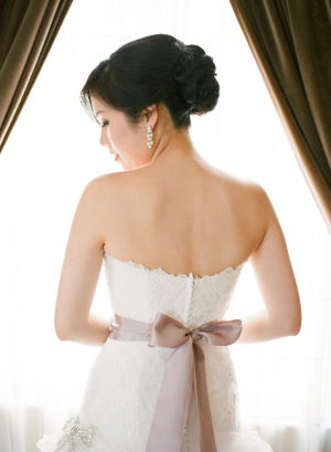 Lavender Ribbon Sash on Wedding Gown