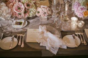 Pale Pink White and Gold Reception Table Setting
