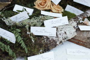 Reception Place Cards on Tree Bark and Moss