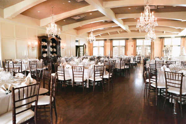 Reception Venue With Chandeliers and Wood Floors