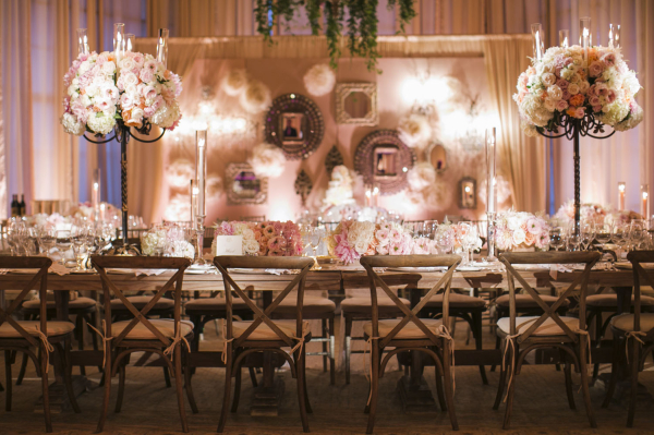 Vintage Reception Decor With Pink and Cream Roses